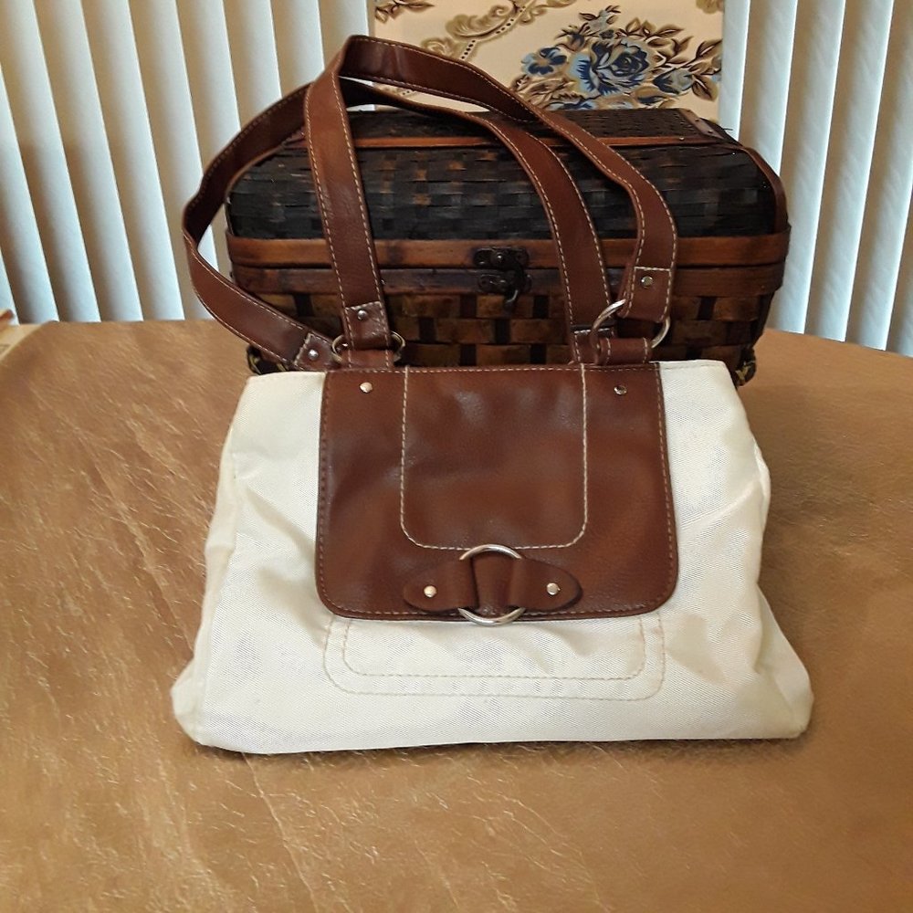 White Nylon & Brown Vegan Leather Lightweight Bag